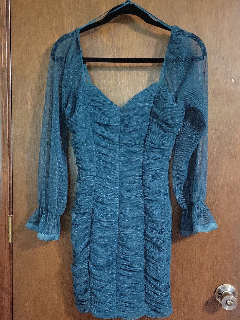 Haute Monde Teal Ruched Long-Sleeve Mini Dress with Sheer Dot Sleeves,Nwot